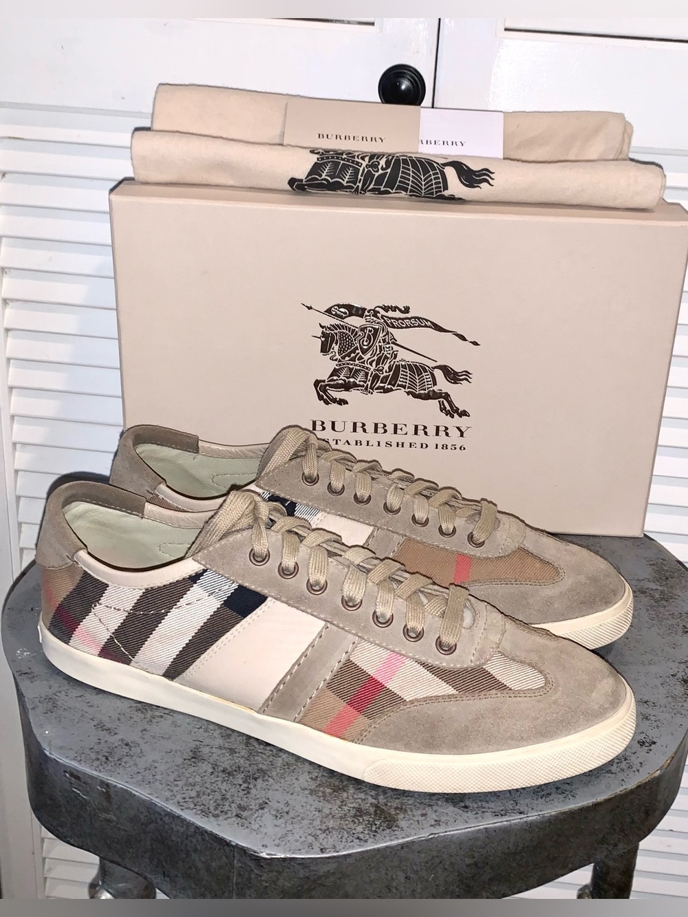 Burberry Nova Check Low Top Sneakers Suede Canvas Tan Brown Plaid Size 45/12